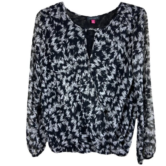 Vince Camuto Faux Wrap Surplice Keyhole Patterned Black and White Blouse Size XS - Picture 1 of 10